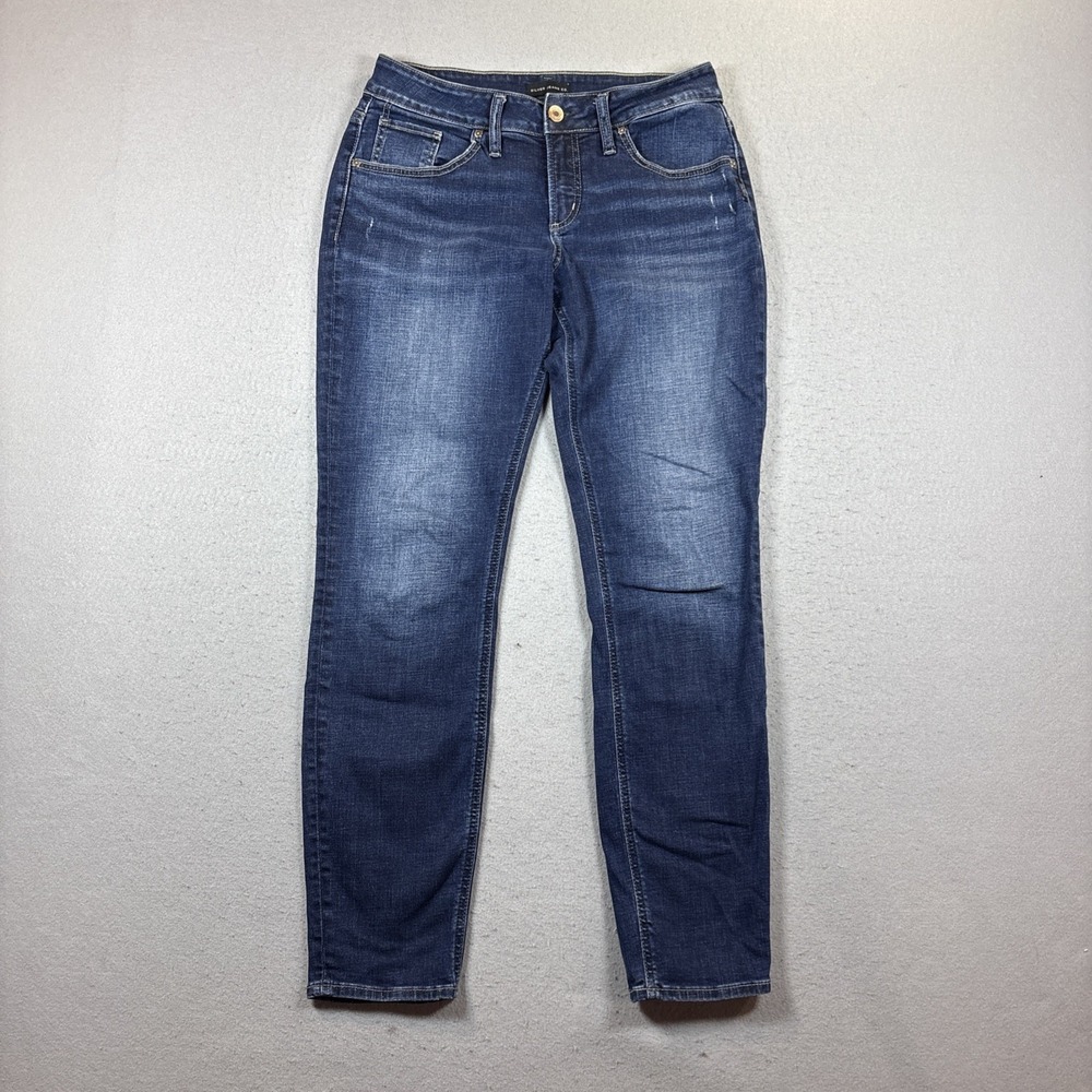 Silver Jeans Boyfriend Women's Sz 28 Mid Rise Dark Wash Distressed Stretch Denim